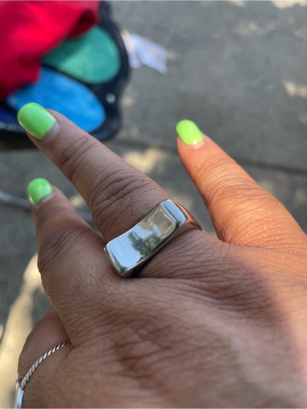 Chunky stainless steel Rectangular Statement Ring with Neon Green Nails